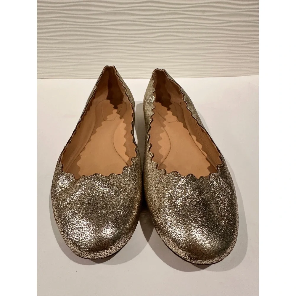 Chloe Lauren Ballet Flats‎ Womens 38.5 Gold Scalloped Metallic Leather